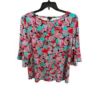 Talbots Women's 2X Floral Tunic Blouse Multicolor Tropical Bell Sleeve Casual
